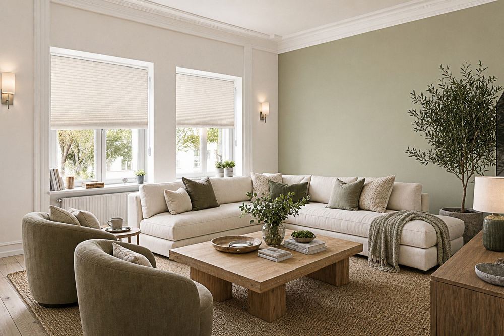 Cream honeycomb shades with AutoWand™ controls in a living room