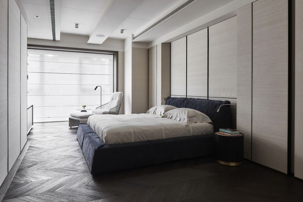 Sheer Roman shade on a floor-to-ceiling bedroom window