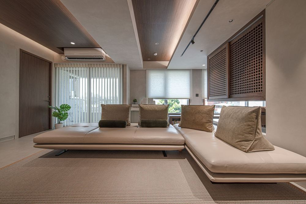 White SmartDrape® panels stacked at a balcony slider